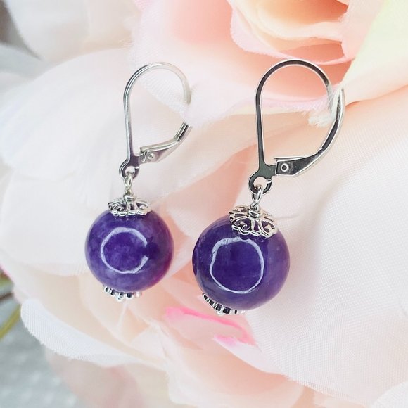 Sterling Silver Lavender Jade Bead Drop Leverback Earrings - Picture 3 of 5
